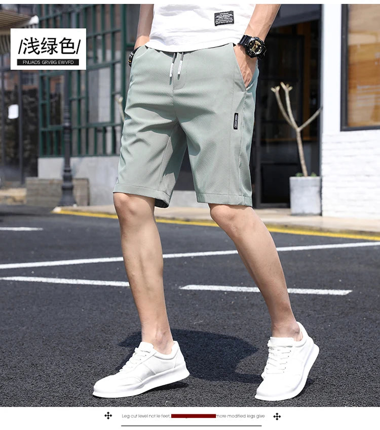 2021 Summer Thin Ice Silk Casual Shorts Men Slim Straight Trousers Solid Knee-length Shorts Men High Quality Beach Shorts Pants