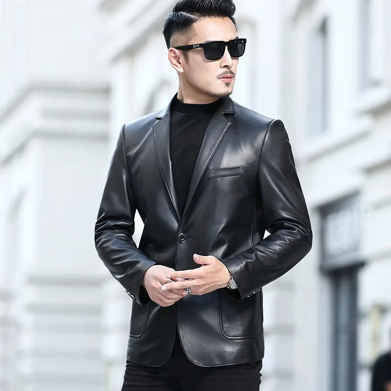 Business Men Slim Fit Single Breasted Genuine Leather Blazer Jacket Suit Coat Office Work Natural Sheepskin Jackets Outwear 5XL