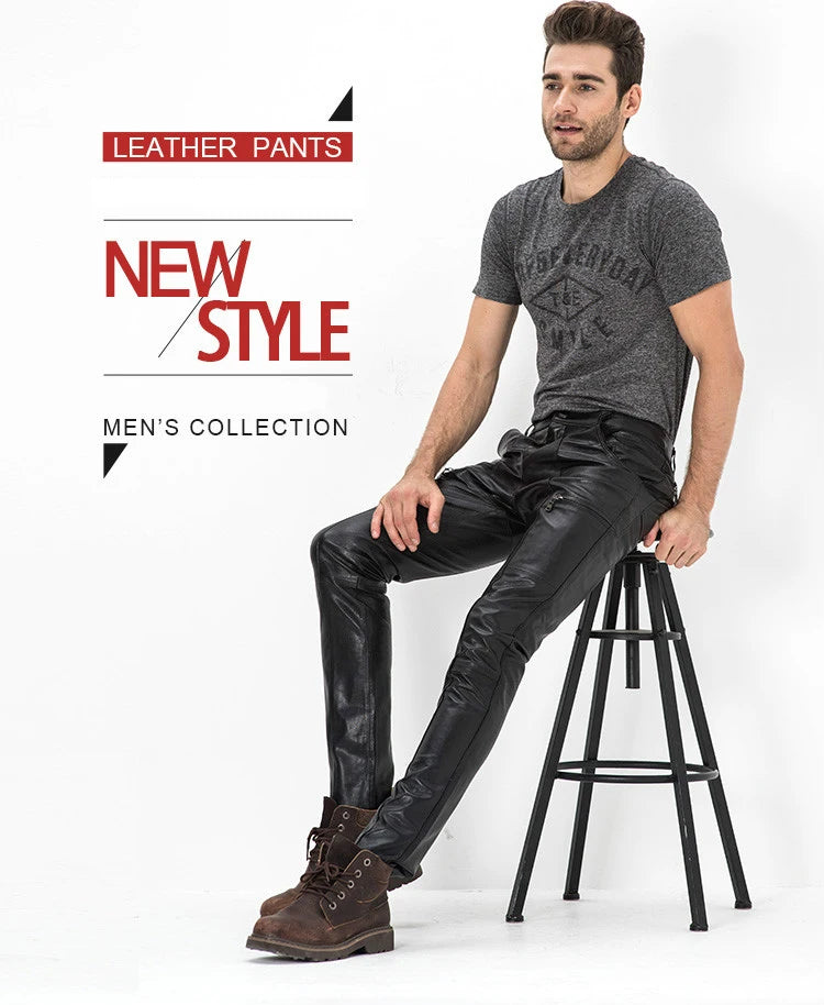 Men's Genuine Sheepskin Motorcycle Leather Pants, Male Tights, Cycling Trousers, Autumn, Winter