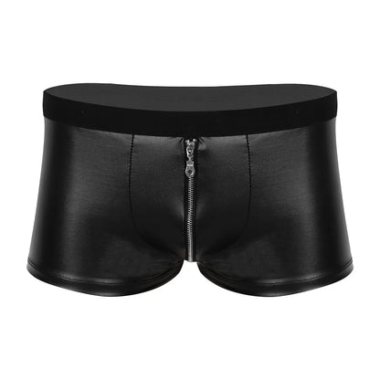 iEFiEL Mens Sexy Lingerie Panties Faux Leather Zipper Jockstraps Bulge Pouch Gay Sexy Clubwear Boxer Shorts Underwear Underpants