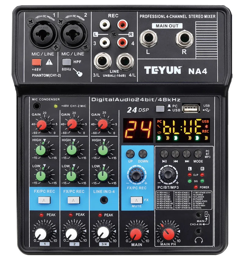 TEYUN 4 Channel Mixing Console 48V Bluetooth Sound Table 24 DSP Effects USB Computer Record Play Live Broadcast Audio Mixer NA4