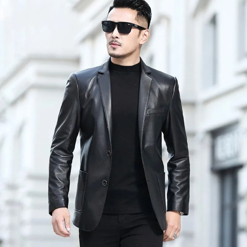 Business Men Slim Fit Single Breasted Genuine Leather Blazer Jacket Suit Coat Office Work Natural Sheepskin Jackets Outwear 5XL