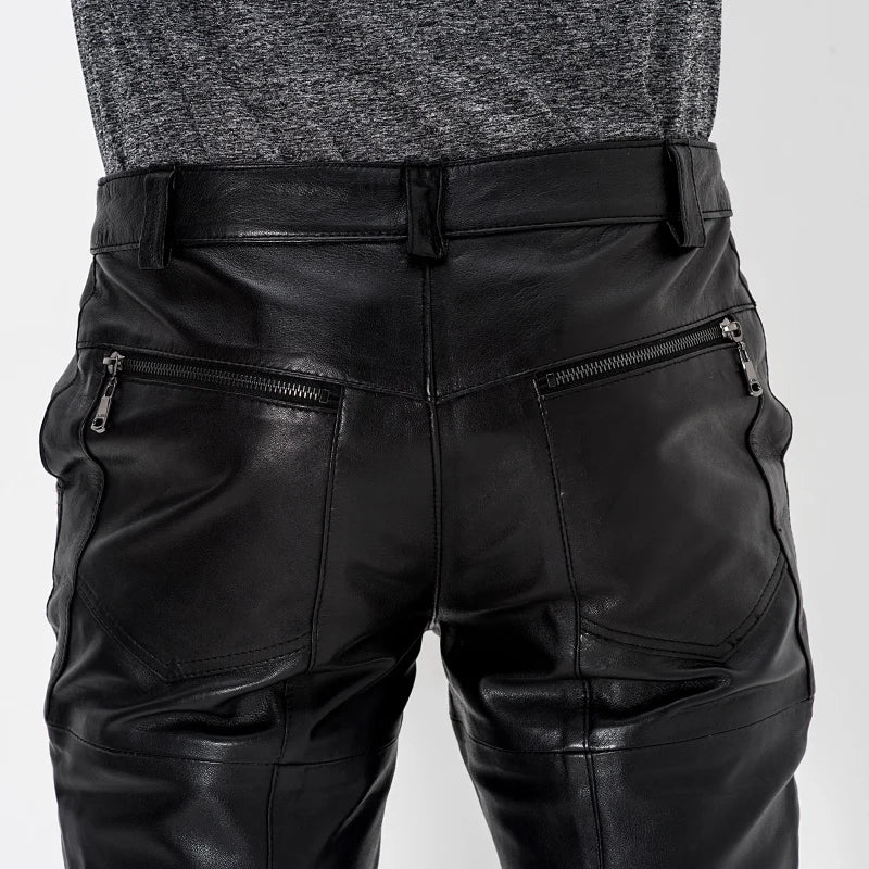 Men's Genuine Sheepskin Motorcycle Leather Pants, Male Tights, Cycling Trousers, Autumn, Winter