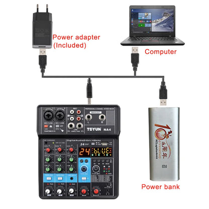 TEYUN 4 Channel Mixing Console 48V Bluetooth Sound Table 24 DSP Effects USB Computer Record Play Live Broadcast Audio Mixer NA4