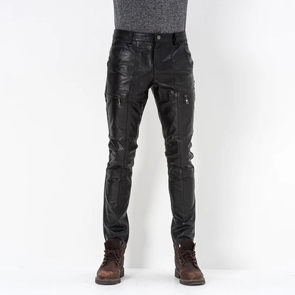 Men's Genuine Sheepskin Motorcycle Leather Pants, Male Tights, Cycling Trousers, Autumn, Winter