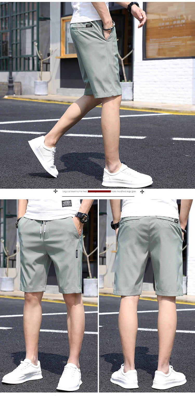 2021 Summer Thin Ice Silk Casual Shorts Men Slim Straight Trousers Solid Knee-length Shorts Men High Quality Beach Shorts Pants