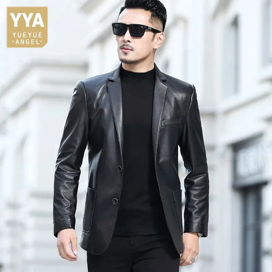 Business Men Slim Fit Single Breasted Genuine Leather Blazer Jacket Suit Coat Office Work Natural Sheepskin Jackets Outwear 5XL