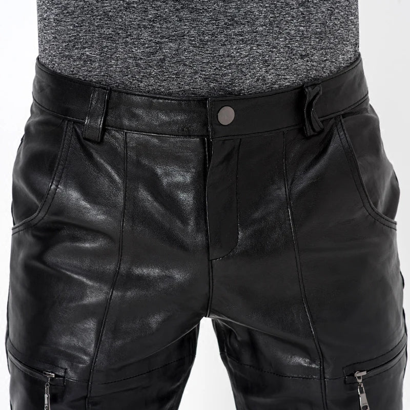 Men's Genuine Sheepskin Motorcycle Leather Pants, Male Tights, Cycling Trousers, Autumn, Winter