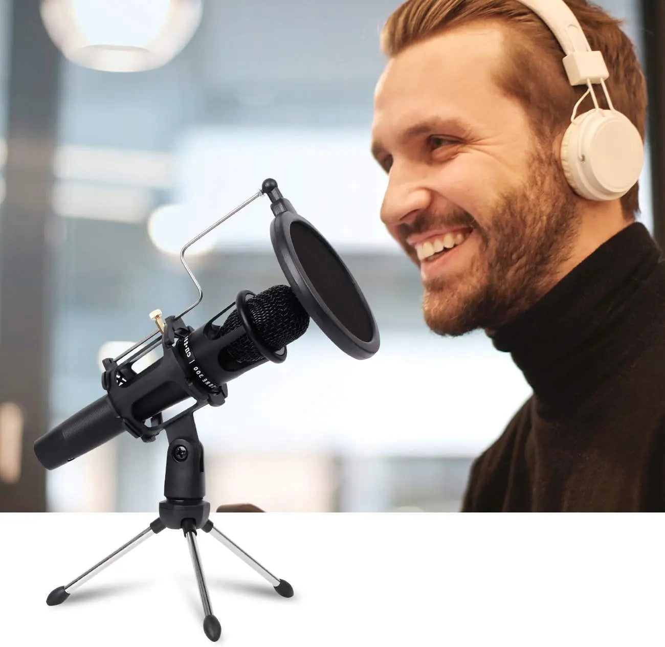 Depusheng Microphone Tripod Stand Foldable Desktop Microphone Bracket with Shock Mount Mic Holder Clip and Pop Filter