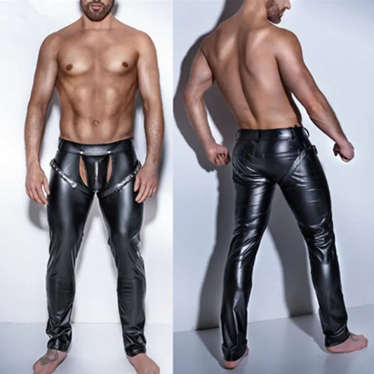 Sexy Men Faux Leather Open Crotch Erotic Latex Pants PVC Night Club Men Straps Trousers Gothic Punk Fetish Club Wear