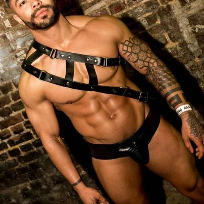 Leather Fetish Gay BDSM Men Harness Belts Adjustable Sexual Gay Bondage Clothing Body Chest Harness Straps for Rave Party Stage