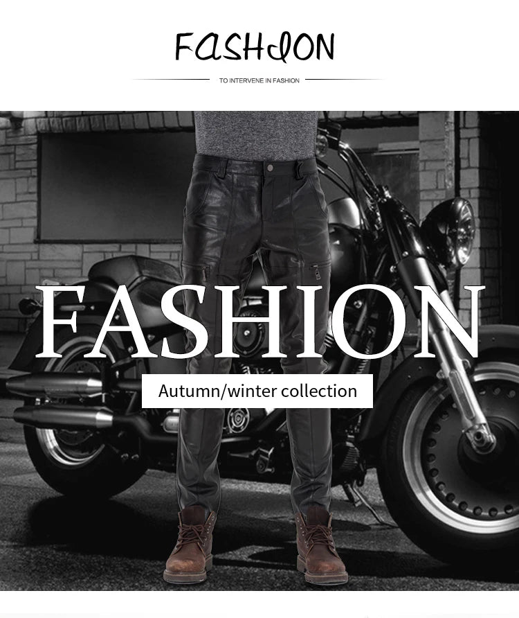 Men's Genuine Sheepskin Motorcycle Leather Pants, Male Tights, Cycling Trousers, Autumn, Winter