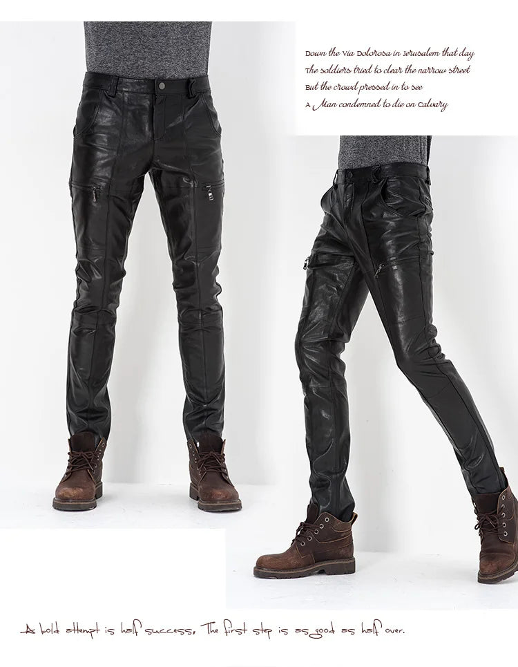 Men's Genuine Sheepskin Motorcycle Leather Pants, Male Tights, Cycling Trousers, Autumn, Winter