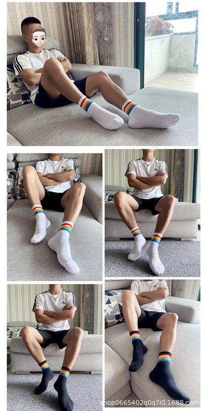 Fashion Mens Socks Hip Hop Cotton Rainbow Stripes Classic Warm Casual Tide Harajuku Funny Pop Korean Socks skarpetki meskie Sox