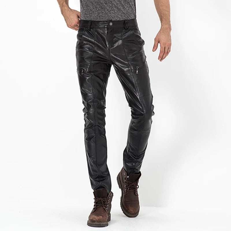 Men's Genuine Sheepskin Motorcycle Leather Pants, Male Tights, Cycling Trousers, Autumn, Winter