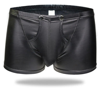 Sexy Men Boxers Open Crotch Faux Leather Lingerie Stage U Convex Pouch Black Patent Leather Boxers Shorts Gay Mens Underwear