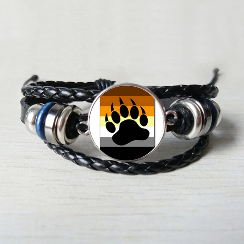 Bear Pride Ying Yang with Paw Gay Pride Photo Charm Leather bracelet Handmade glass dome gay jewelry