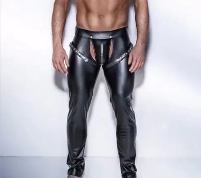 Sexy Men Faux Leather Open Crotch Erotic Latex Pants PVC Night Club Men Straps Trousers Gothic Punk Fetish Club Wear