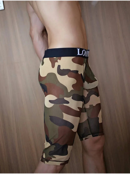 Man Sexy Camouflage Penis Pouch Sleep Lounge Wear Mens Mesh Sheer Pajama Bottoms Gay Transparent Tight Mid Pants Size S M L