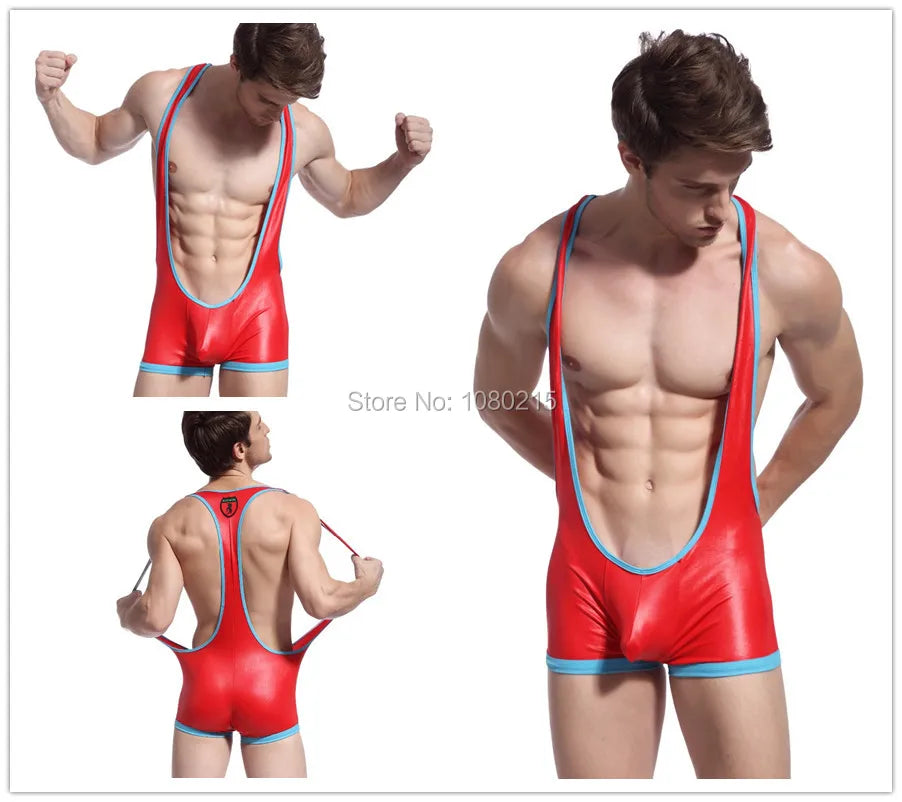 Hot Mens Bodywear Sexy Bulge Pouch Underwear Onesie Boxer Shorts Faux Leather Backless Gay Man Club Stage Wear Leotard Body Suit