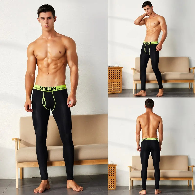 SEOBEAN-Men's Sexy Cotton Long Johns, Open Thermal Underpants, Sexy Pants, Monochromatic Leggings