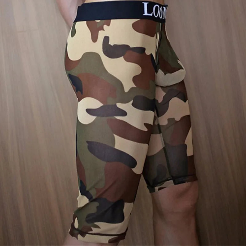 Man Sexy Camouflage Penis Pouch Sleep Lounge Wear Mens Mesh Sheer Pajama Bottoms Gay Transparent Tight Mid Pants Size S M L