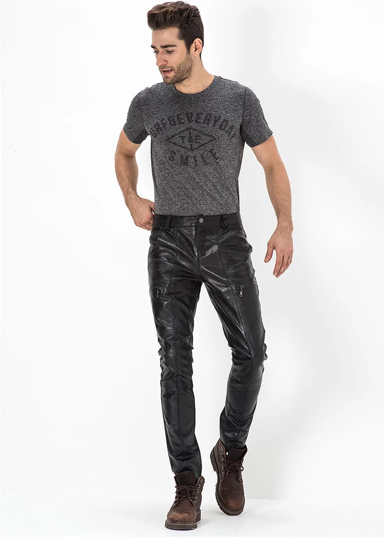 Men's Genuine Sheepskin Motorcycle Leather Pants, Male Tights, Cycling Trousers, Autumn, Winter