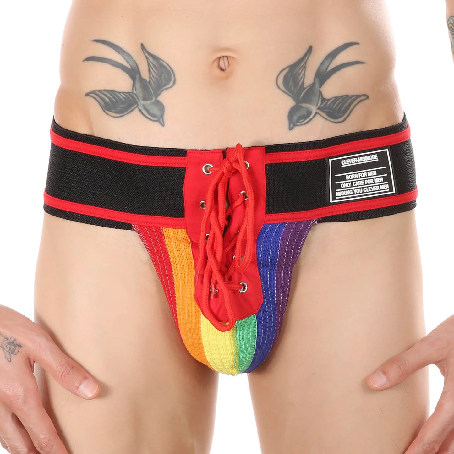 CLEVER-MENMODE Men Jockstrap Underwear Sexy Thong Lacing Penis Pouch Fetish Lingerie Waistband Open Front Underpants Erotic