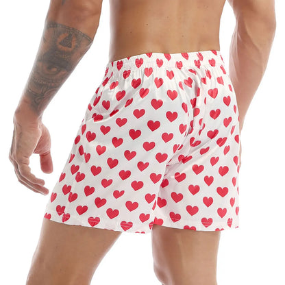 Men's Boxers Shorts Silk Sleepwear Underwear Heart Print Bottoms Lounge Beach Shorts Lightweight Loose Sports Lounge Hot Pants