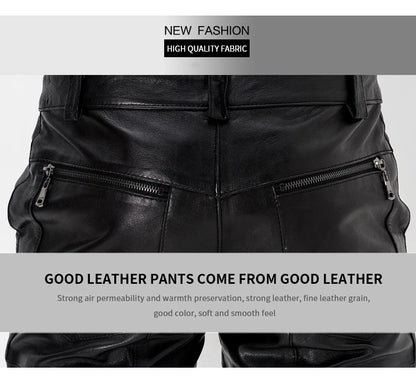 Men's Genuine Sheepskin Motorcycle Leather Pants, Male Tights, Cycling Trousers, Autumn, Winter