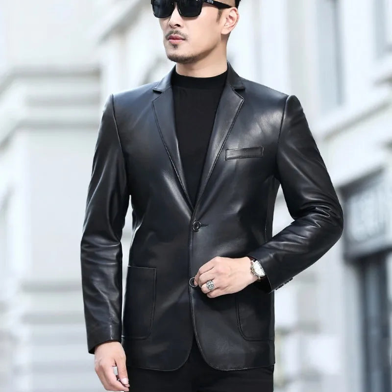 Business Men Slim Fit Single Breasted Genuine Leather Blazer Jacket Suit Coat Office Work Natural Sheepskin Jackets Outwear 5XL