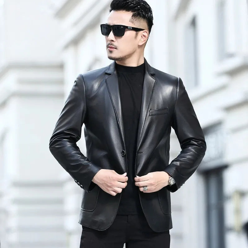 Business Men Slim Fit Single Breasted Genuine Leather Blazer Jacket Suit Coat Office Work Natural Sheepskin Jackets Outwear 5XL