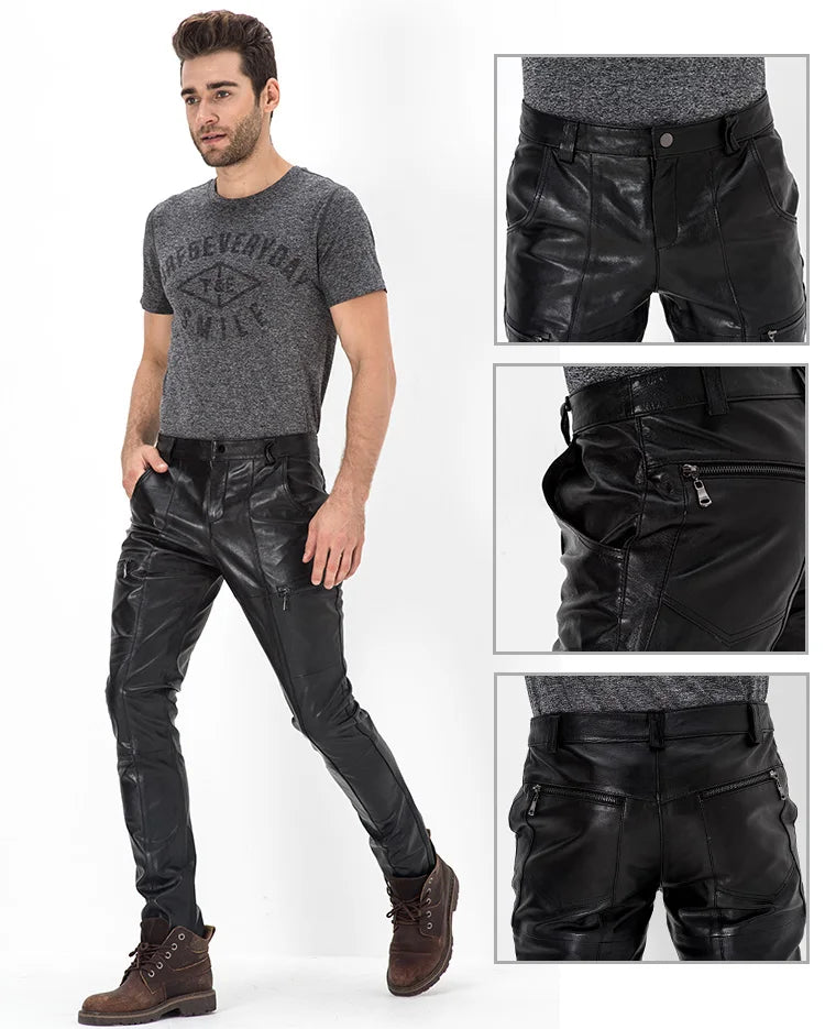 Men's Genuine Sheepskin Motorcycle Leather Pants, Male Tights, Cycling Trousers, Autumn, Winter