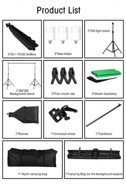 SH Photography Photo Studio Lighting Kit Including 2x2M Photo Background Muslin Backdrops And Green Background With Portable Bag