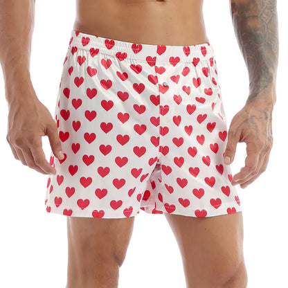 Men's Boxers Shorts Silk Sleepwear Underwear Heart Print Bottoms Lounge Beach Shorts Lightweight Loose Sports Lounge Hot Pants