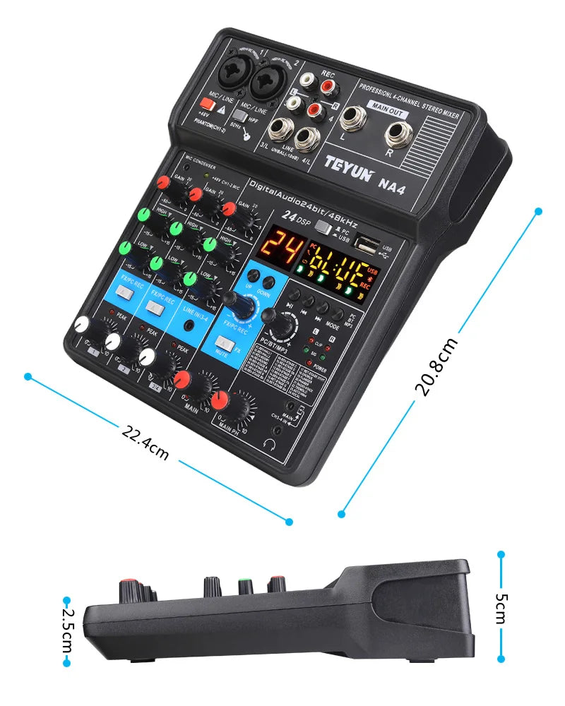 TEYUN 4 Channel Mixing Console 48V Bluetooth Sound Table 24 DSP Effects USB Computer Record Play Live Broadcast Audio Mixer NA4