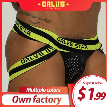 ORLVS Brand sexy gay jockstrap men underwear sissy panties cueca tanga men thong g string mesh double jockstrap erotic lingerie