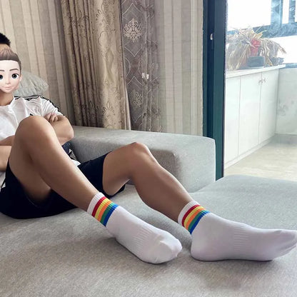 Fashion Mens Socks Hip Hop Cotton Rainbow Stripes Classic Warm Casual Tide Harajuku Funny Pop Korean Socks skarpetki meskie Sox