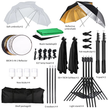 Photography Lighting Kit 2.6x3M Photo Background Muslin Backdrops & Softbox & Umbrella & Reflector& Light Stand For Photo Studio