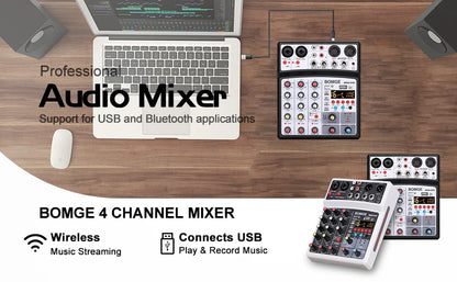 4 Channels Audio Sound Mixer Mixing DJ Console USB with 48V Phantom Power 16 DSP Effects