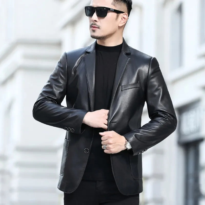 Business Men Slim Fit Single Breasted Genuine Leather Blazer Jacket Suit Coat Office Work Natural Sheepskin Jackets Outwear 5XL