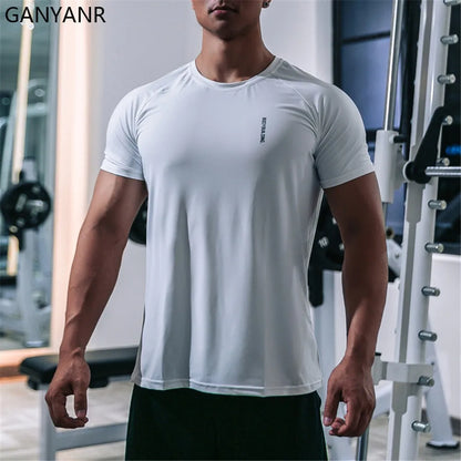 GANYANR Running T-Shirt Man Short Sleeve Fitness Compression Sports Active Wear Sportswear Gym Training Quick Dry Tee Jogging