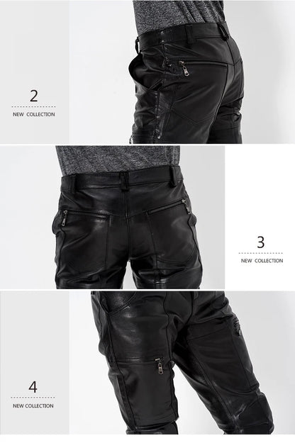 Men's Genuine Sheepskin Motorcycle Leather Pants, Male Tights, Cycling Trousers, Autumn, Winter