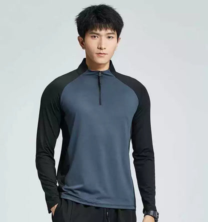 Running T-Shirt Men Sports Track and Field Training Quick Drying Clothes Fitness Cycling Ice Silk Cool Feeling Half Zipper Slim Fit Tops