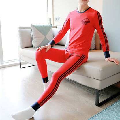 Men's Autumn and Winter Cotton Tight Thermal Top Thermal Pants Cotton Jersey Thin Long Johns Velvet Thermal Underwear Suit