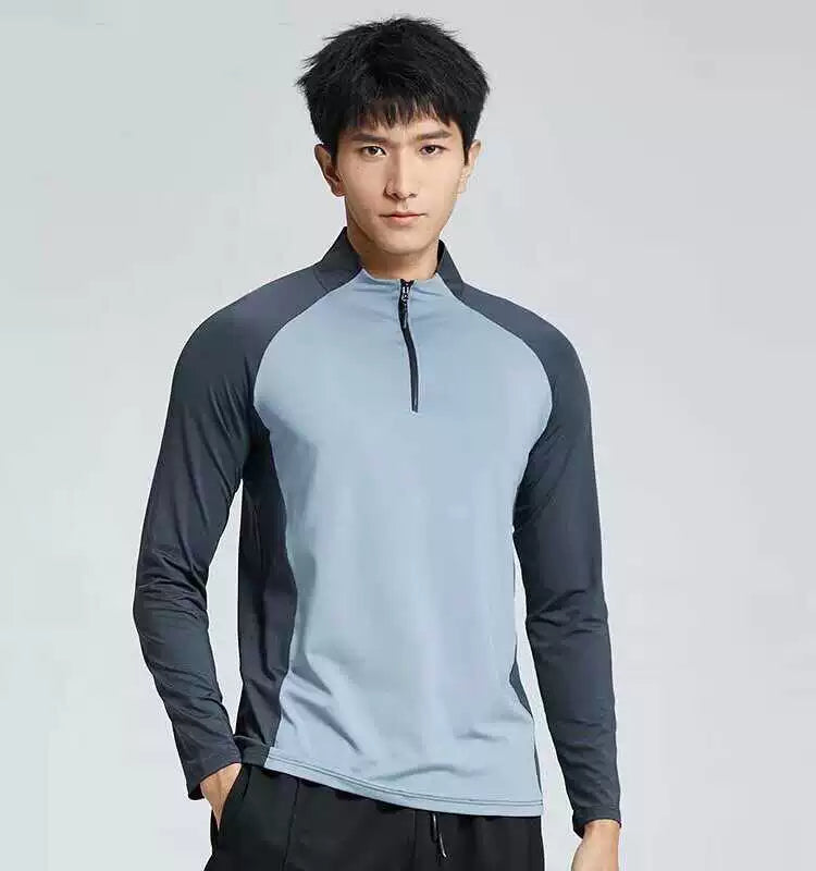 Running T-Shirt Men Sports Track and Field Training Quick Drying Clothes Fitness Cycling Ice Silk Cool Feeling Half Zipper Slim Fit Tops