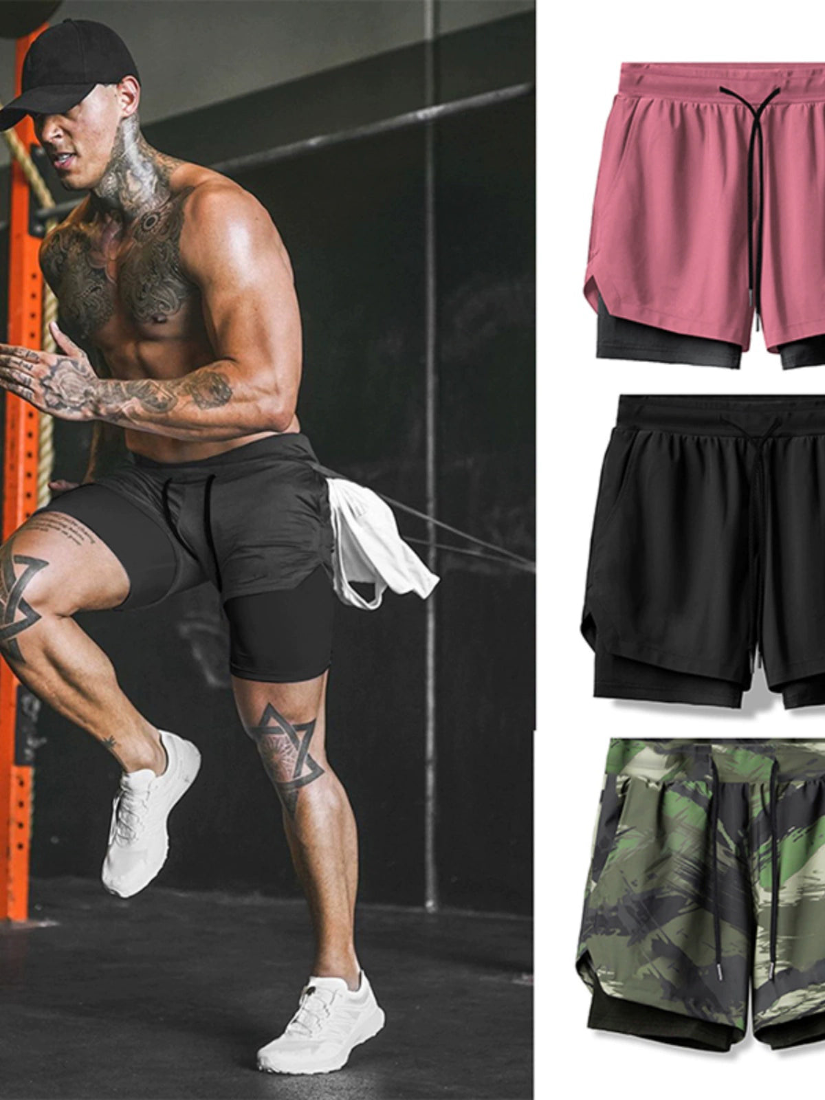 Workout Brothers Summer Quick-Drying Running Shorts Men Muscle Training High Elastic Squat Fashion Tape Double-Layer Cropped Pants