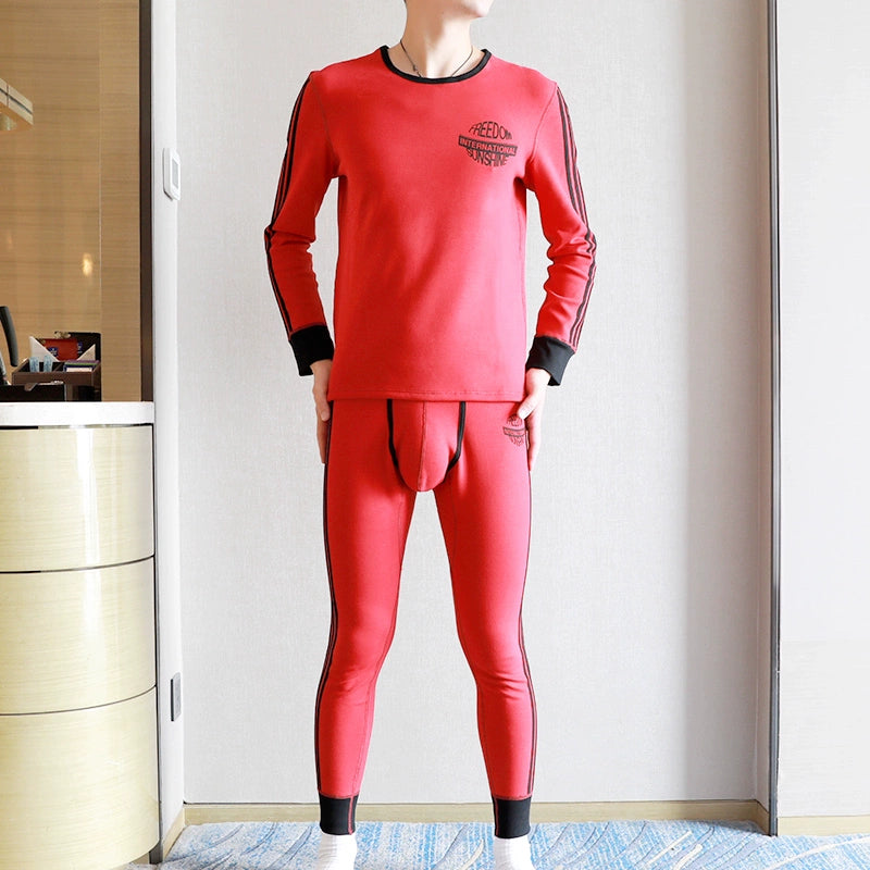 Men's Autumn and Winter Cotton Tight Thermal Top Thermal Pants Cotton Jersey Thin Long Johns Velvet Thermal Underwear Suit