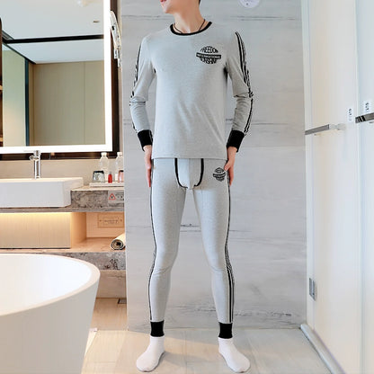 Men's Autumn and Winter Cotton Tight Thermal Top Thermal Pants Cotton Jersey Thin Long Johns Velvet Thermal Underwear Suit