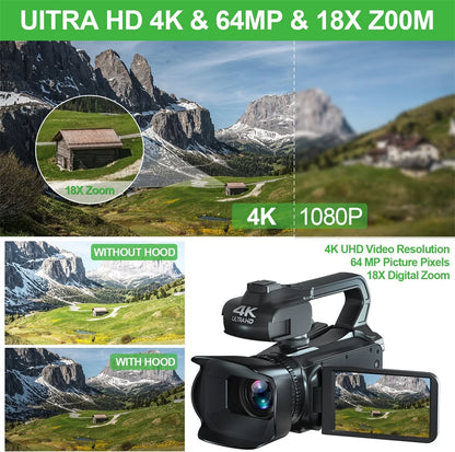 4K HD Video Cameras for Photography 64MP WiFi Professional Livestream Webcam Camcorder for YouTube Night Vision Vlogging Camera